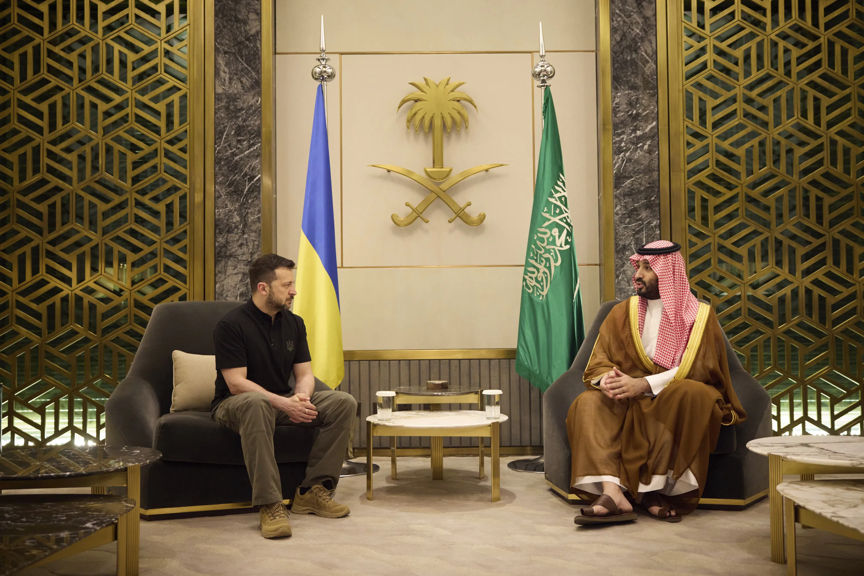 In this photo provided by the Ukrainian Presidential Press Office, Crown Prince Mohammed bin Salman meets with Volodymyr Zelenskiy in Jeddah, Saudi Arabia on June 12.