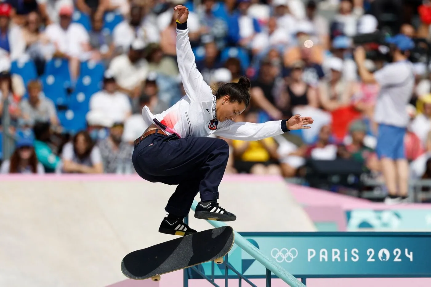 Mariah Duran of team US competes in the women’s street skateboarding prelims during the Paris 2024 Olympic Games.
