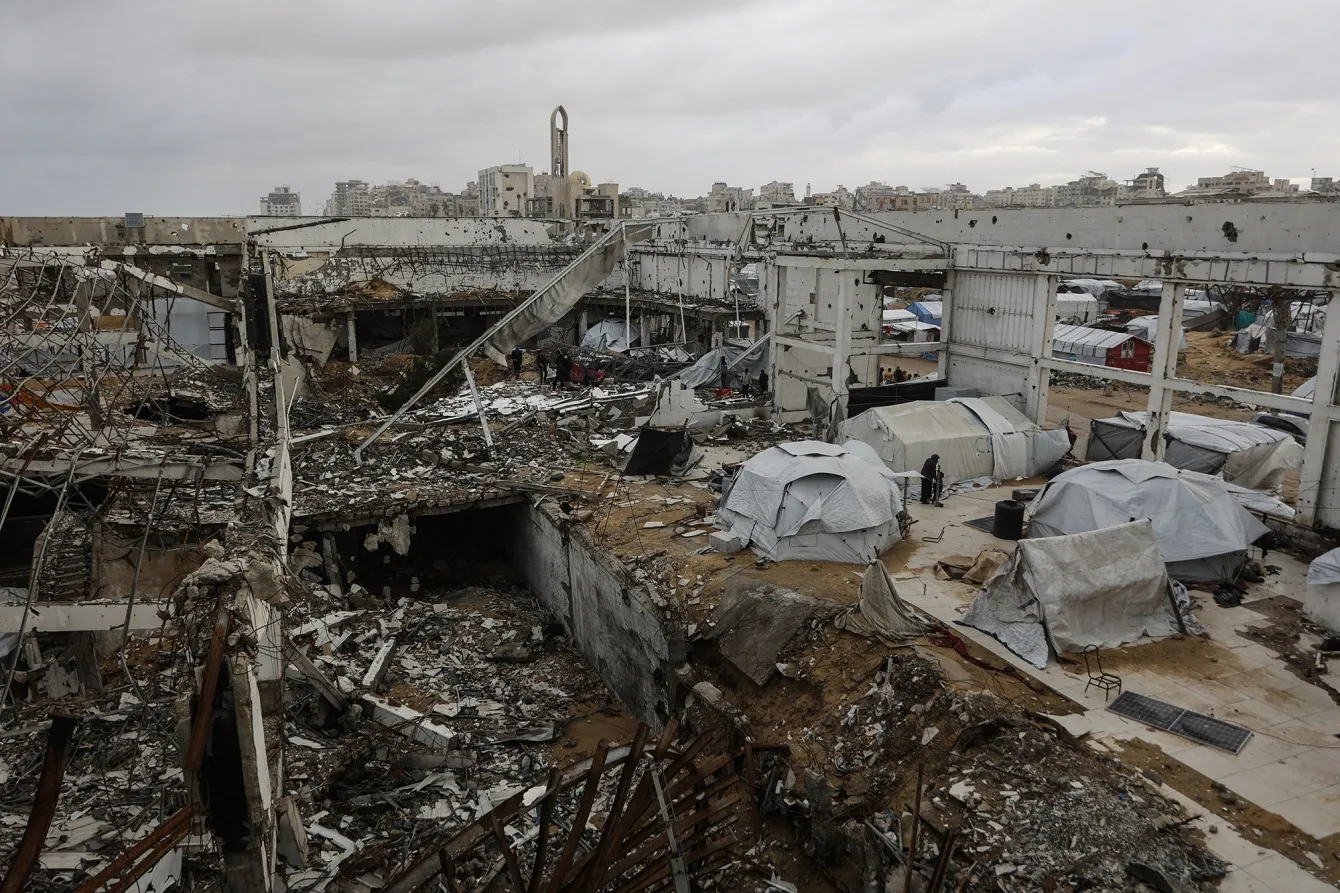 Makeshift shelters inside a war-damaged building in Gaza City on Jan. 13.&nbsp;