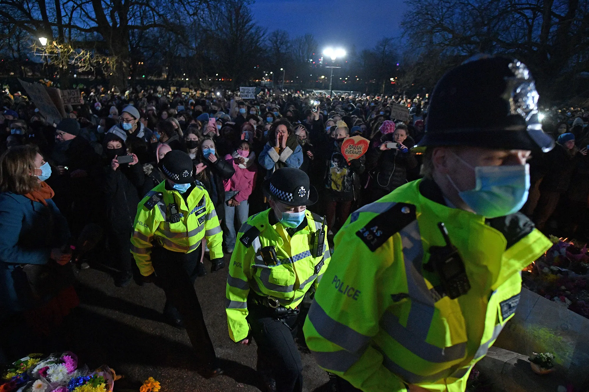 Police officers at a vigil in honour of&nbsp;Sarah Everard, on Clapham Common, March 13.&nbsp;