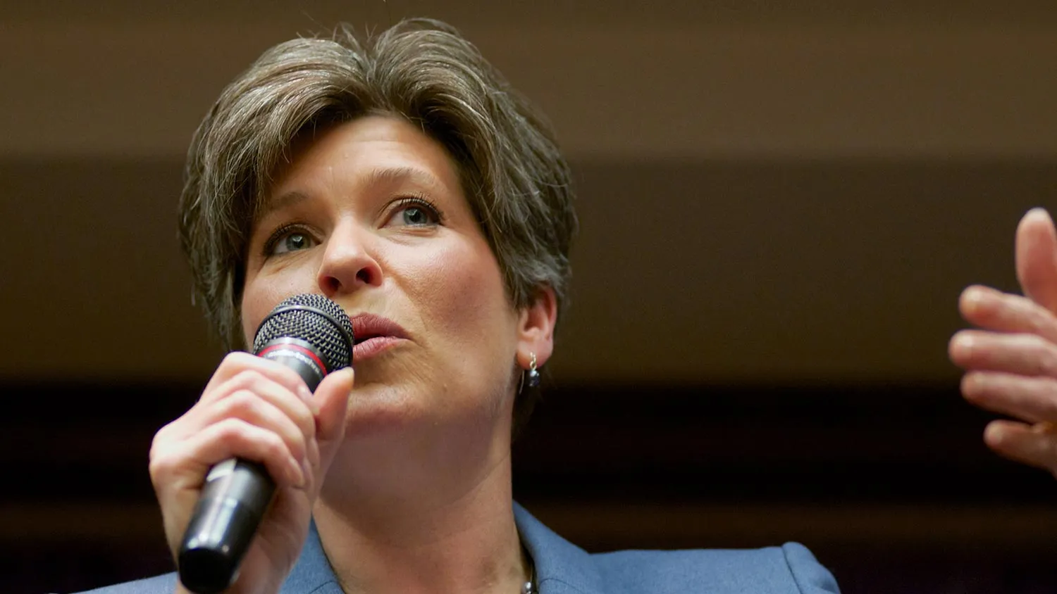Iowa Republican State Senator and U.S. Senate candidate Joni Ernst speaks during a rally with former Massachusetts Gov. and GOP presidential candidate Mitt Romney on October 11, 2014 in Cedar Rapids, Iowa.
