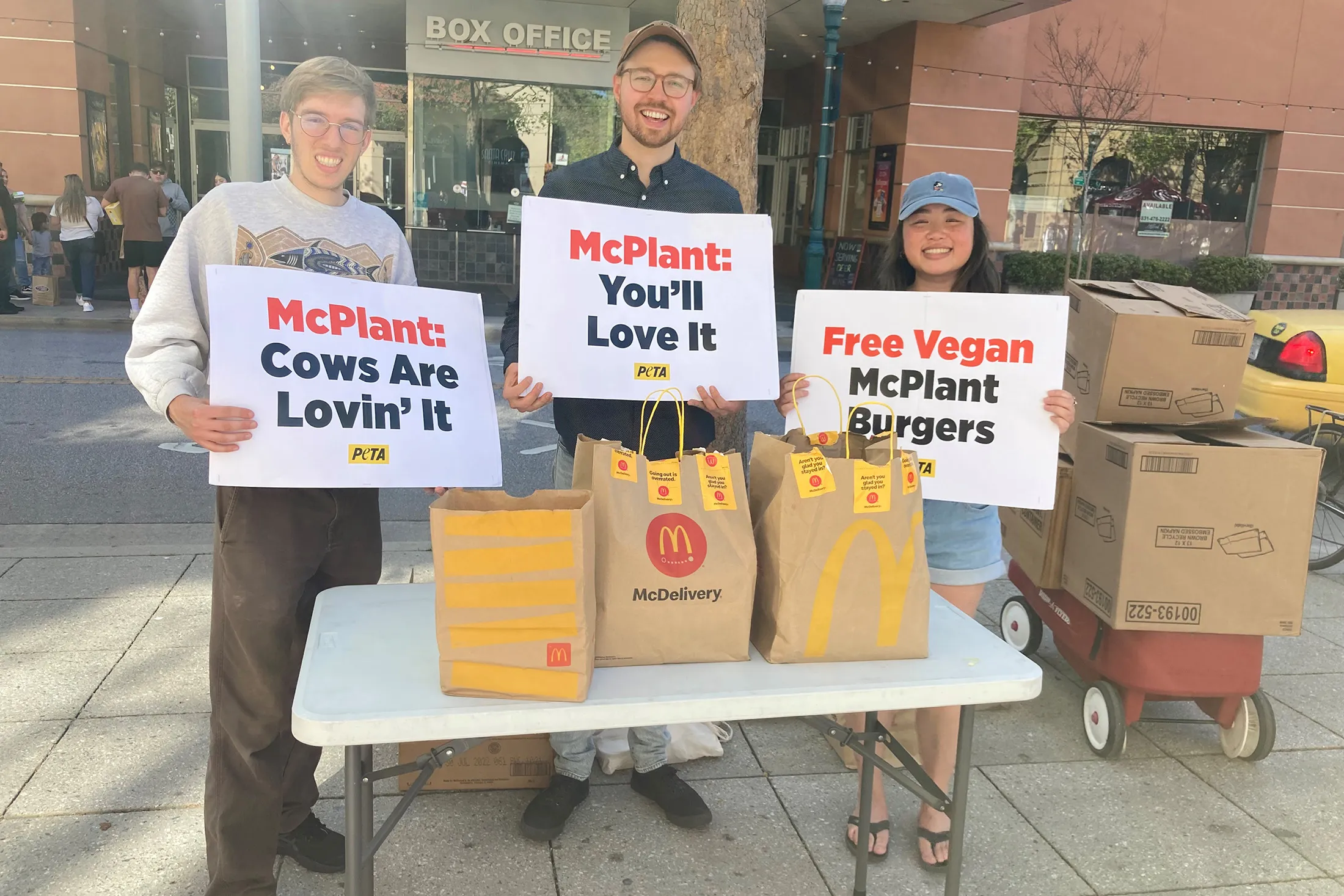 Volunteers distribute McPlant sandwiches in Santa Cruz, California.
