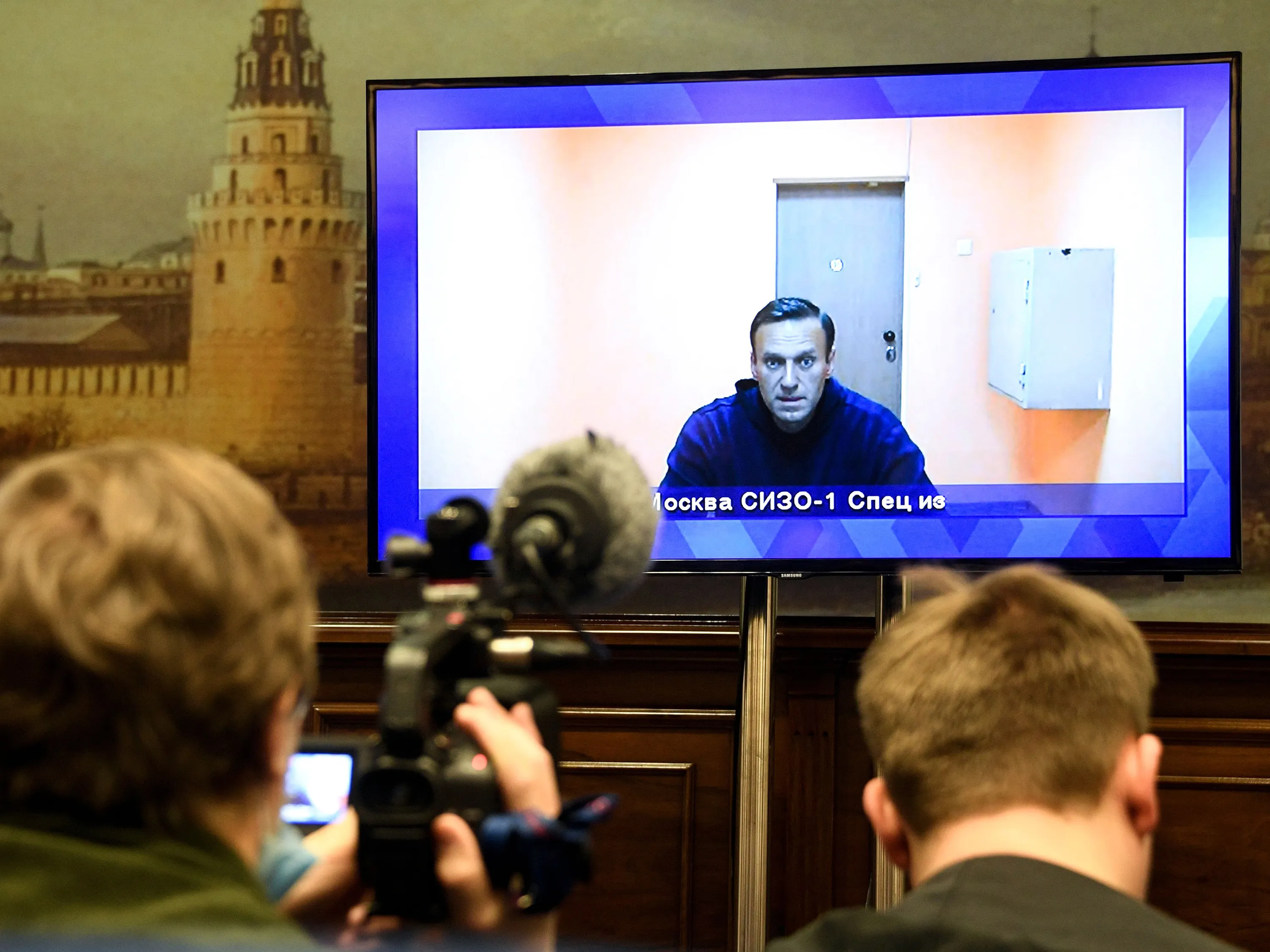 Alexey Navalny speaks via video link at a Moscow regional court on Jan. 28.