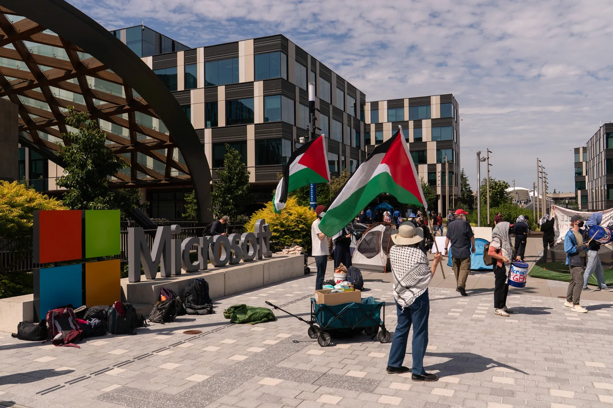 Demonstrators at the Microsoft Campus in Redmond, Washington, on Aug. 19. The world’s largest software maker has faced protests by employees and media scrutiny over concerns that its software is being used to harm civilians in the war in Gaza.