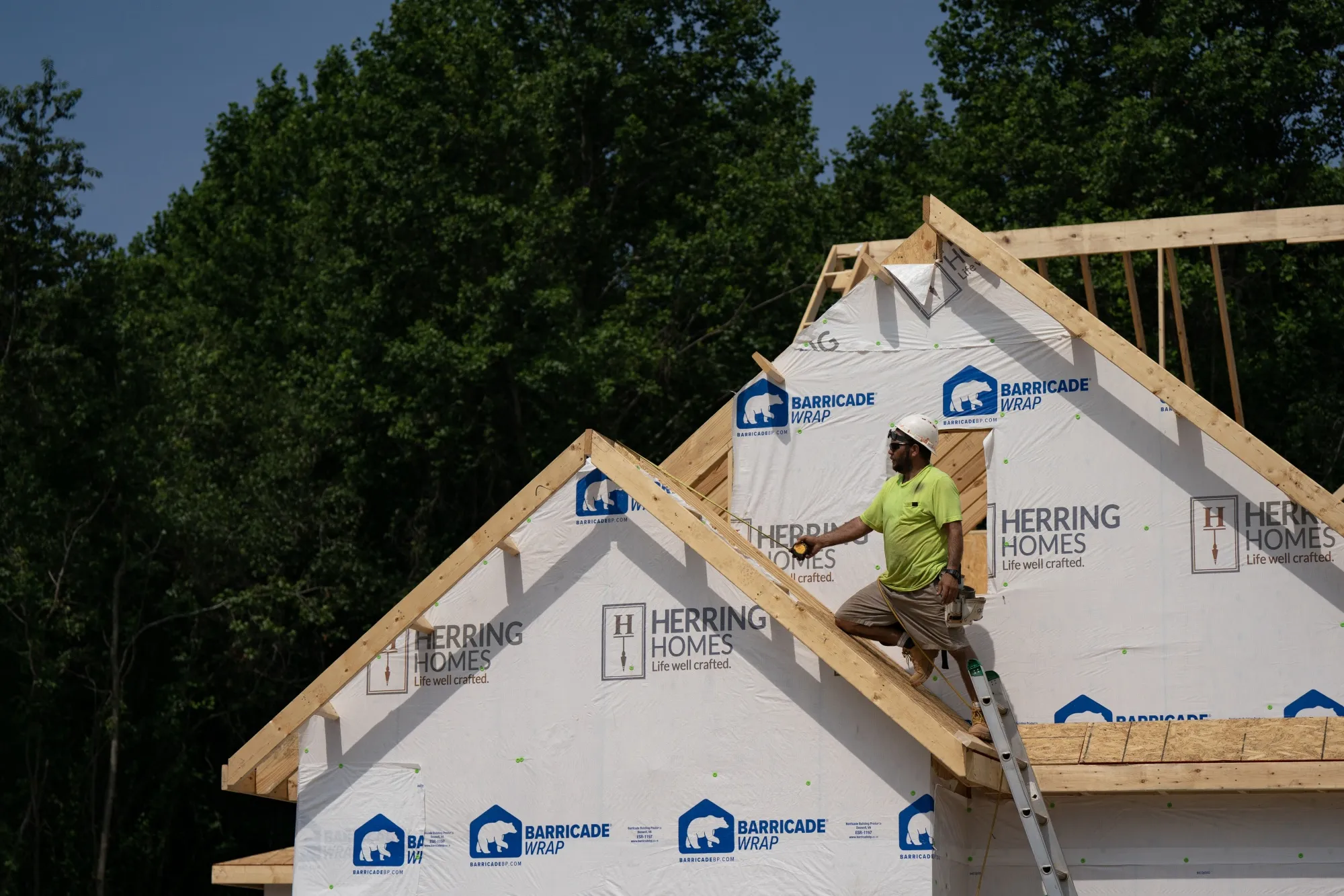 A worker builds a home in Lillington, North Carolina, US.