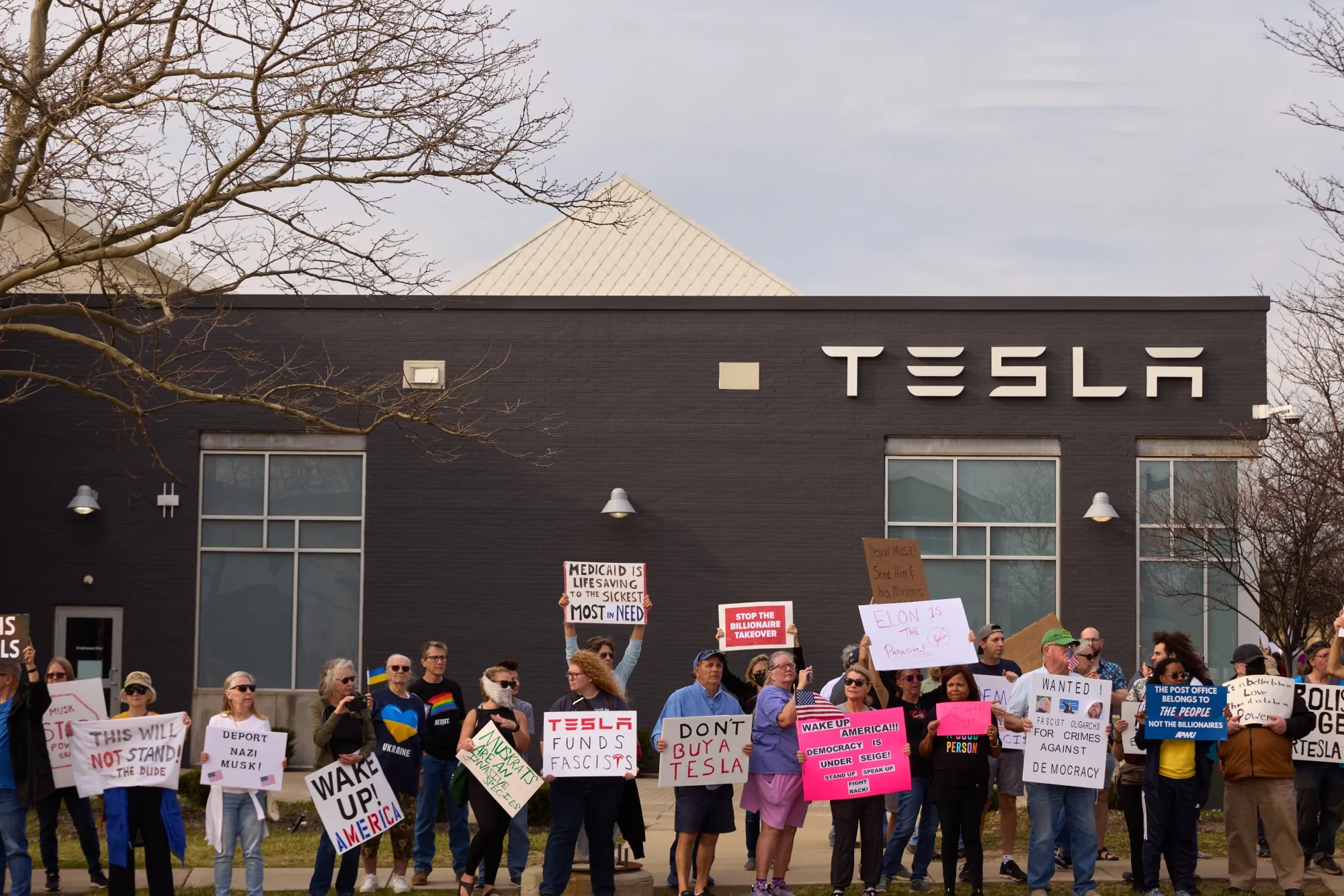 Protesters holding up signs at a Tesla Takedown rally outside a showroom in Columbus, Ohio, on March 29.