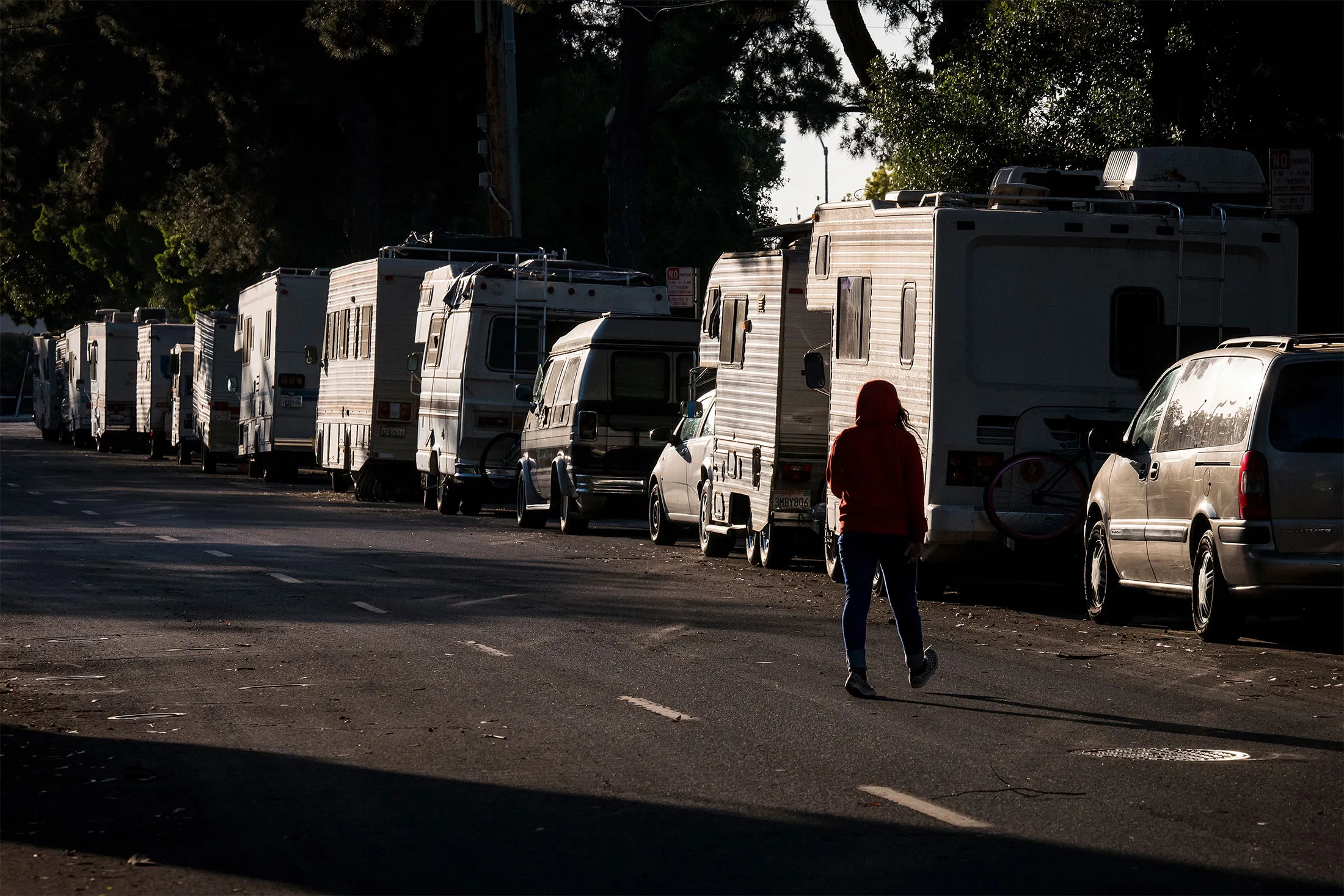 RVs line a street near Google headquarters in Mountain View, California.