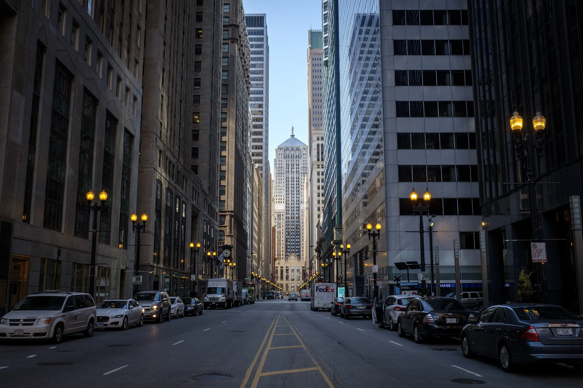A nearly empty Lasalle Street is seen in Chicago, Illinois, on May 7.