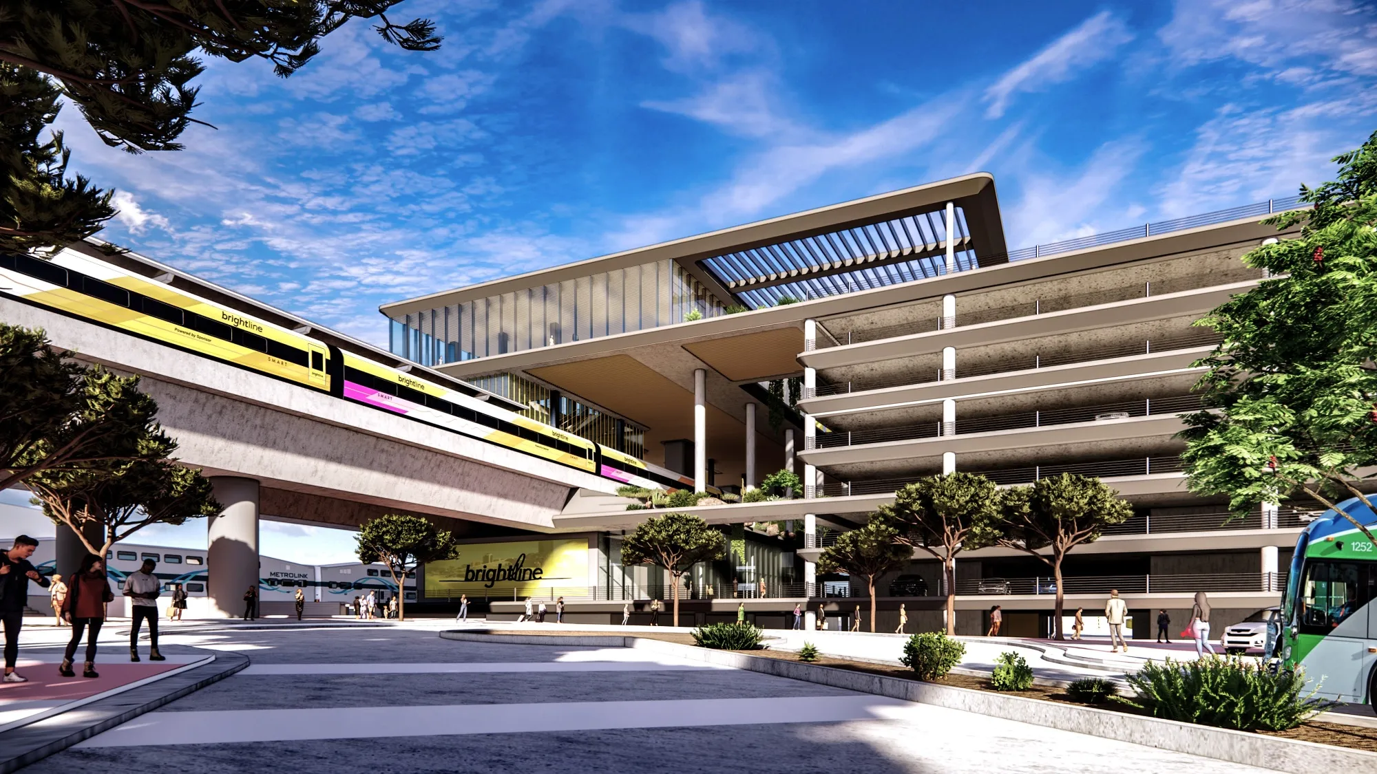 A rendering of Brightline’s Cucamonga Station. The private rail company says that passenger service to Las Vegas could start in 2028. 