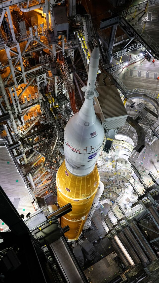 Orion sits atop NASA’s Space Launch System at Florida’s Kennedy Space Center in advance of the Artemis I mission.