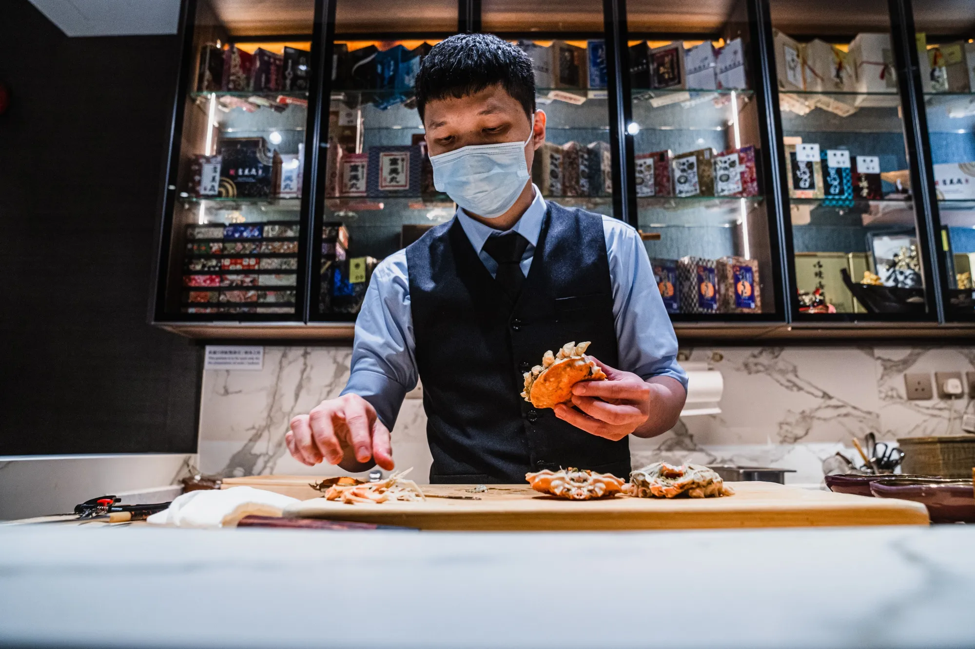 Crabs imported from Japan's Nagoya region at an&nbsp;omakase restaurant in Hong Kong on&nbsp;July 14, 2023. Hong Kong eateries&nbsp;are looking for new seafood supplies as authorities plan to ban imports of aquatic products from&nbsp;Japanese regions if the country releases treated water from the Fukushima&nbsp;site.
