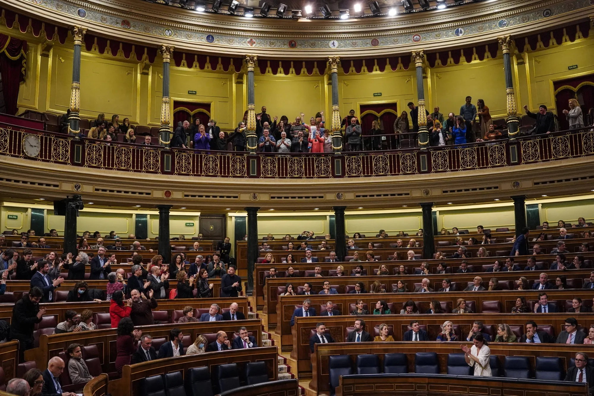 Transgender activists in the gallery react following the voting session on the transgender rights bill at the Congress of Deputies in Madrid on Dec. 22