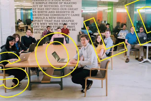 Dan Wagner (center, foreground) was chief analytics officer for Obama 2012. Today he’s CEO of Civis Analytics, which is staffed by two dozen of his former campaign employees