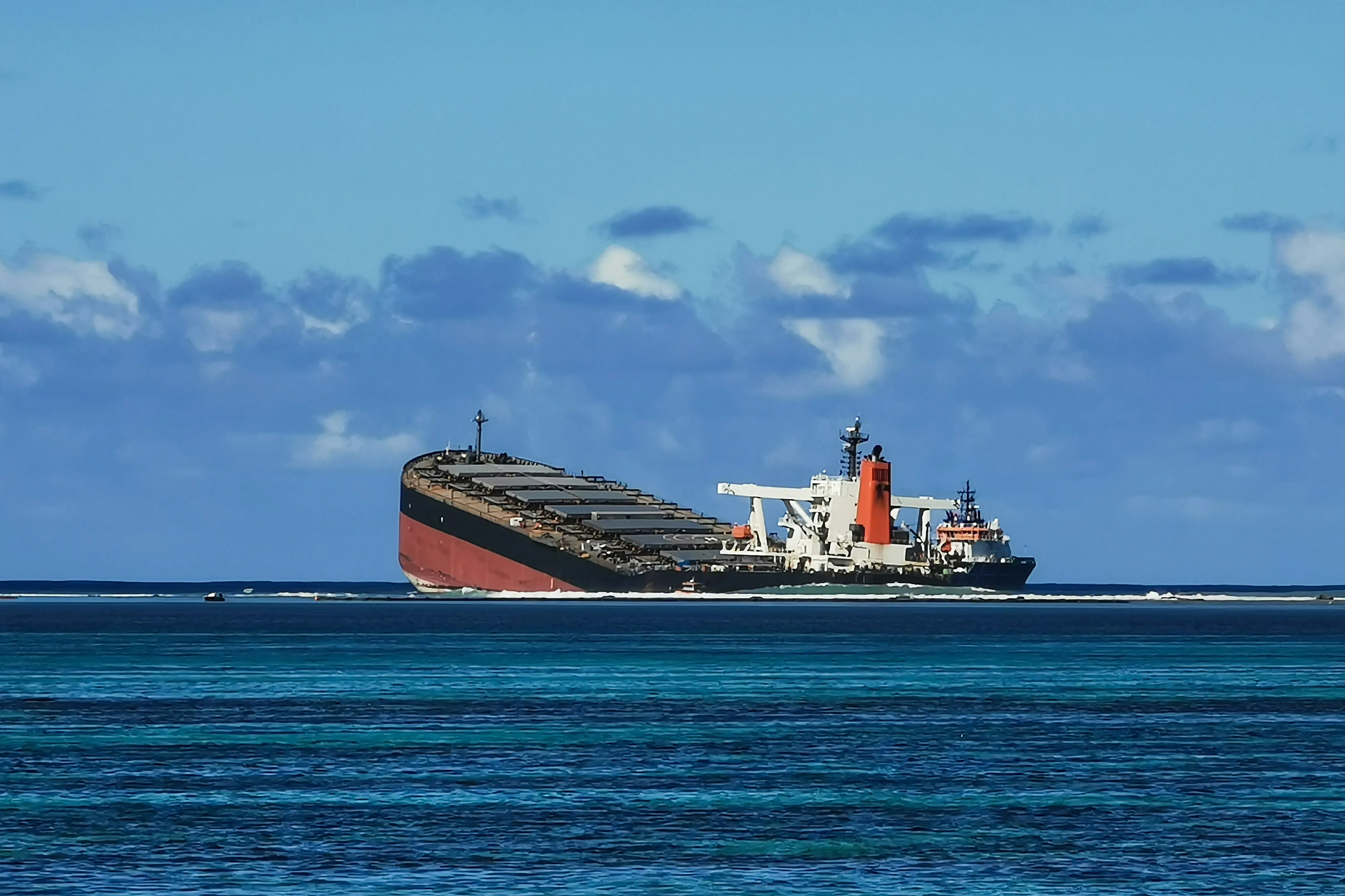 The MV Wakashio bulk carrier vessel partially submerged close to Pointe d'Esny, Mauritius, on Aug. 14.