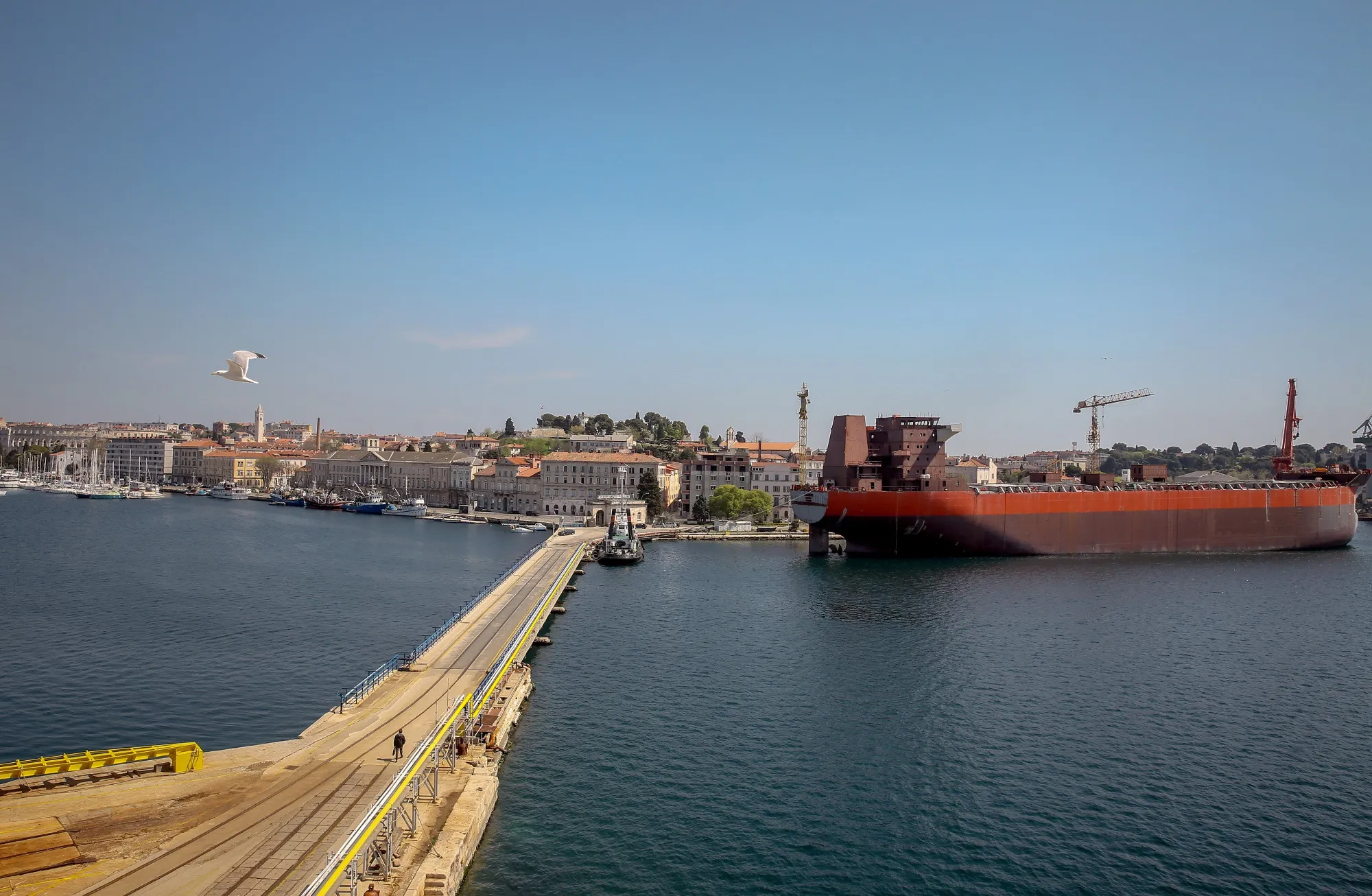 The Santiago I, a cargo ship still under construction, has been abandoned by striking workers at the Uljanik dd shipyard in Pula, Croatia.