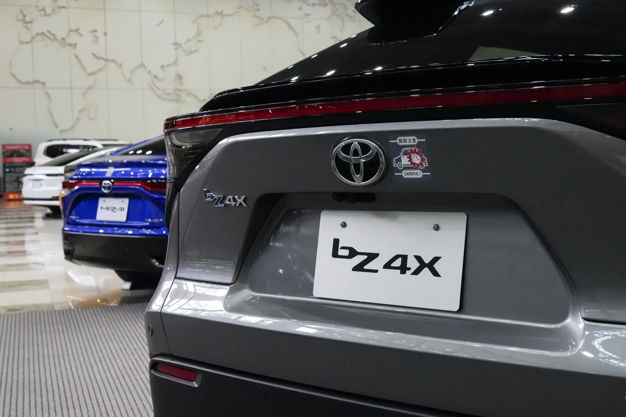A Toyota Motor Corp. bZ4X battery electric vehicle (BEV) on display at the company's showroom in Toyota City, Aichi Prefecture, Japan