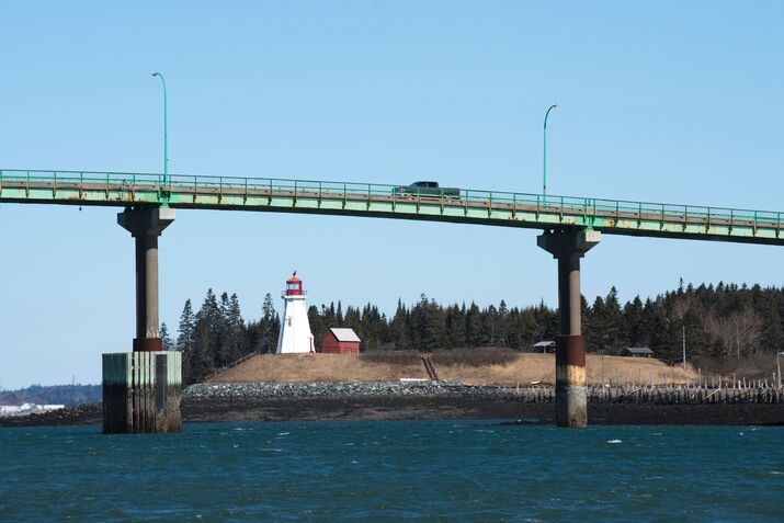 Cars cross the International Bridge on the US-Canada border.