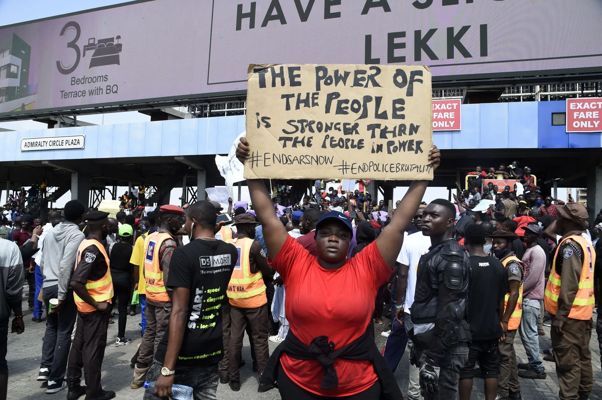 A demonstrator protests against abuses by the Special Anti-Robbery Squad (SARS)&nbsp;in Lagos, on Oct. 12.