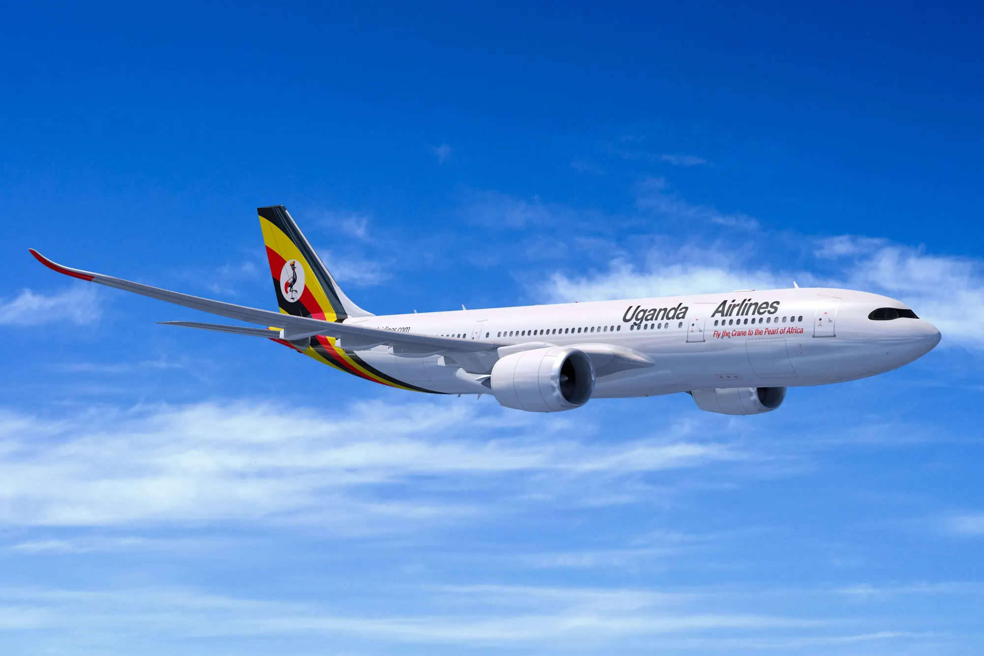 A computer rendering shows an Airbus SE A330-NEO passenger aircraft in the Uganda Airlines livery.
