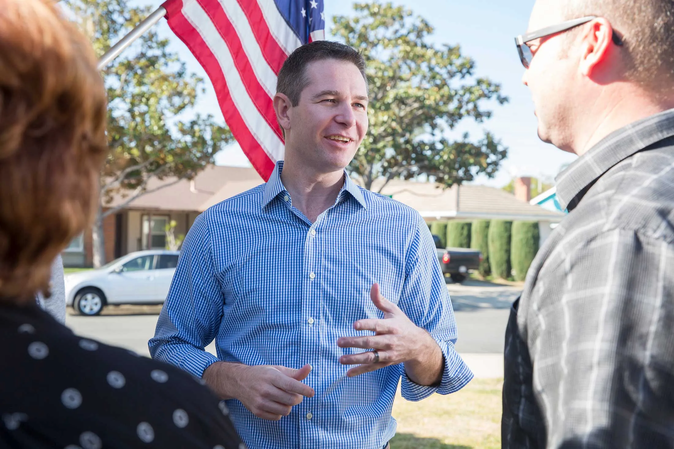 Brian Forde meets voters during a campaign event at his parents’&nbsp;house.