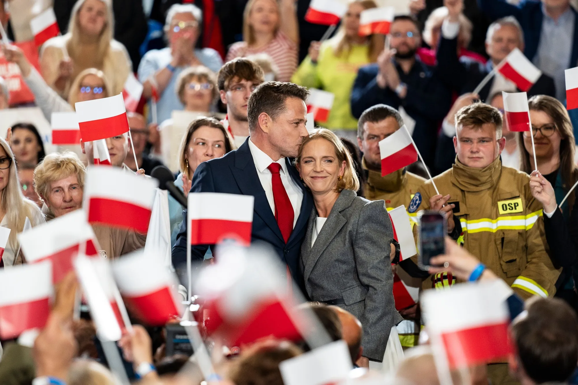 Rafał&nbsp;Trzaskowski, mayor of Warsaw, and his wife Małgorzata&nbsp;Trzaskowski during an election night rally in Sandomierz, Poland, on May 18.