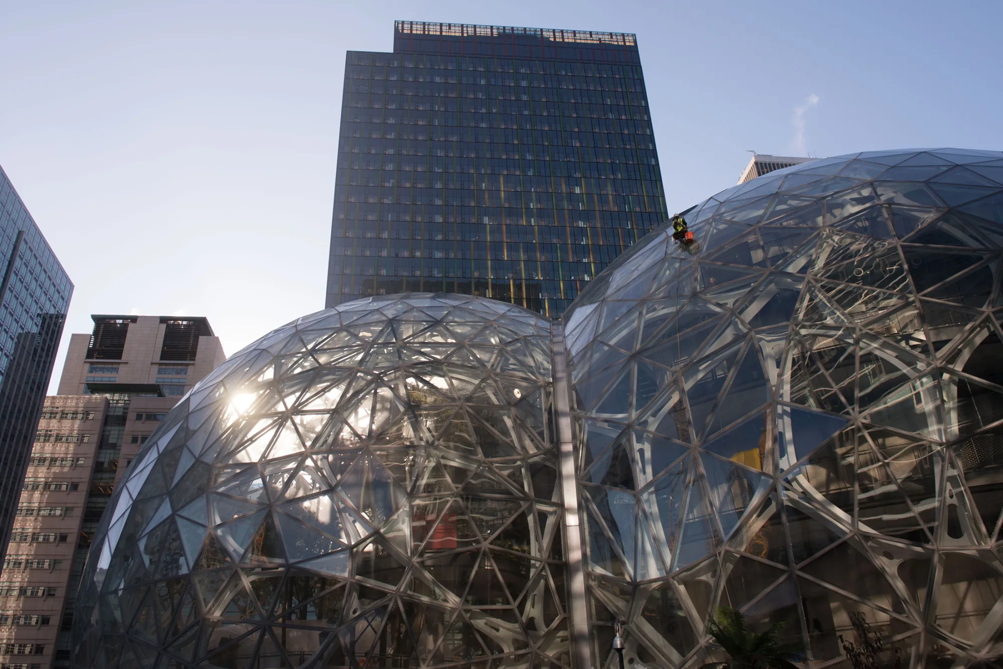 The Amazon.com Inc. Spheres stand ahead of the company's product reveal launch event in downtown Seattle.
