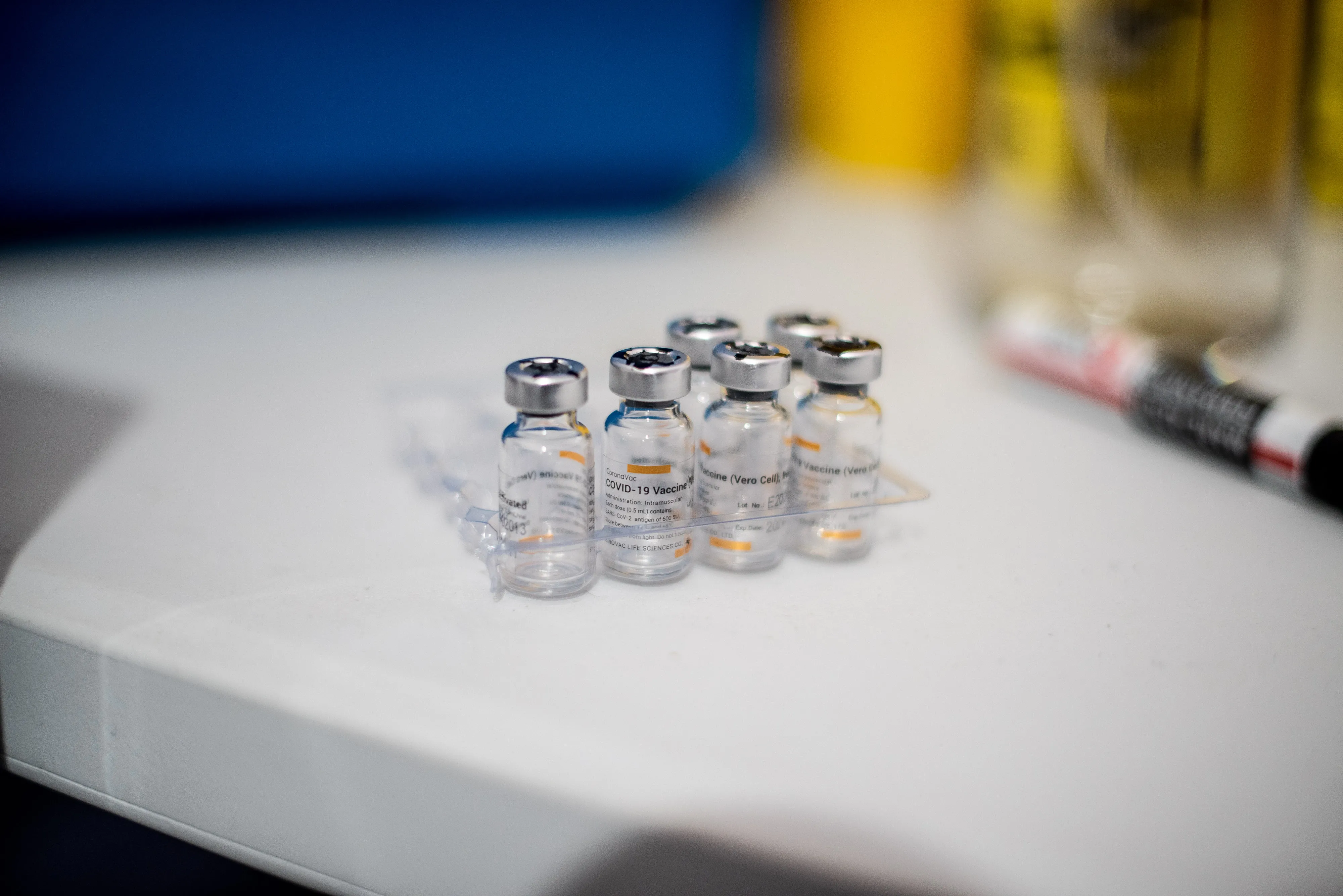 The Sinovac Biotech Ltd.’s CoronaVac Covid-19 vaccine at a temporary clinic inside the Bicentenario Stadium in Santiago, Chile, on Monday, March 29, 2021. Chile has been vaccinating its population much faster than all other countries in Latin America, with more than 6 million inoculated, though the nation has still seen its daily record number of cases increase.