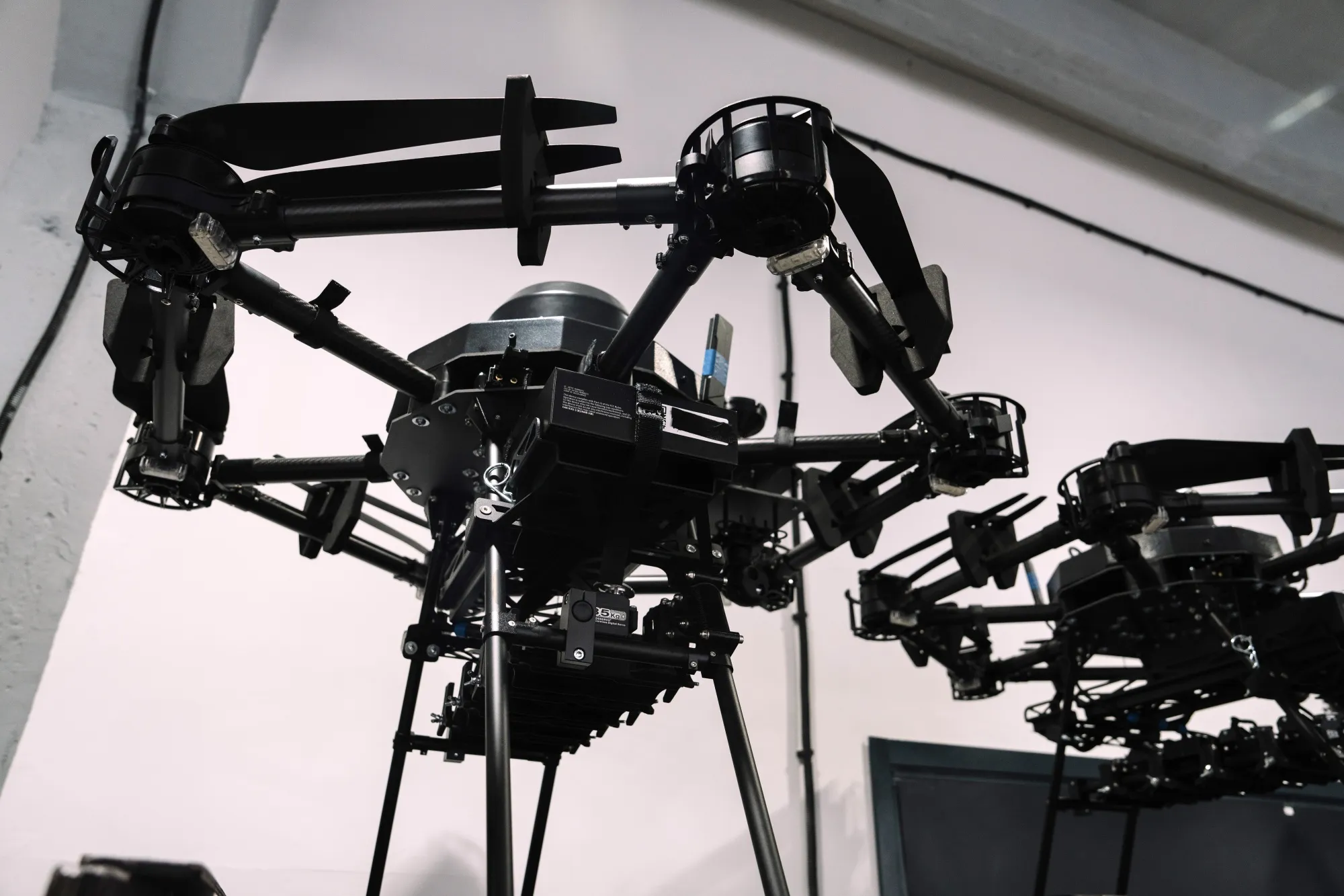 Ukrainian Vampire hexacopter bomber drones at the Skyfall military technology company at an unknown location in Ukraine.