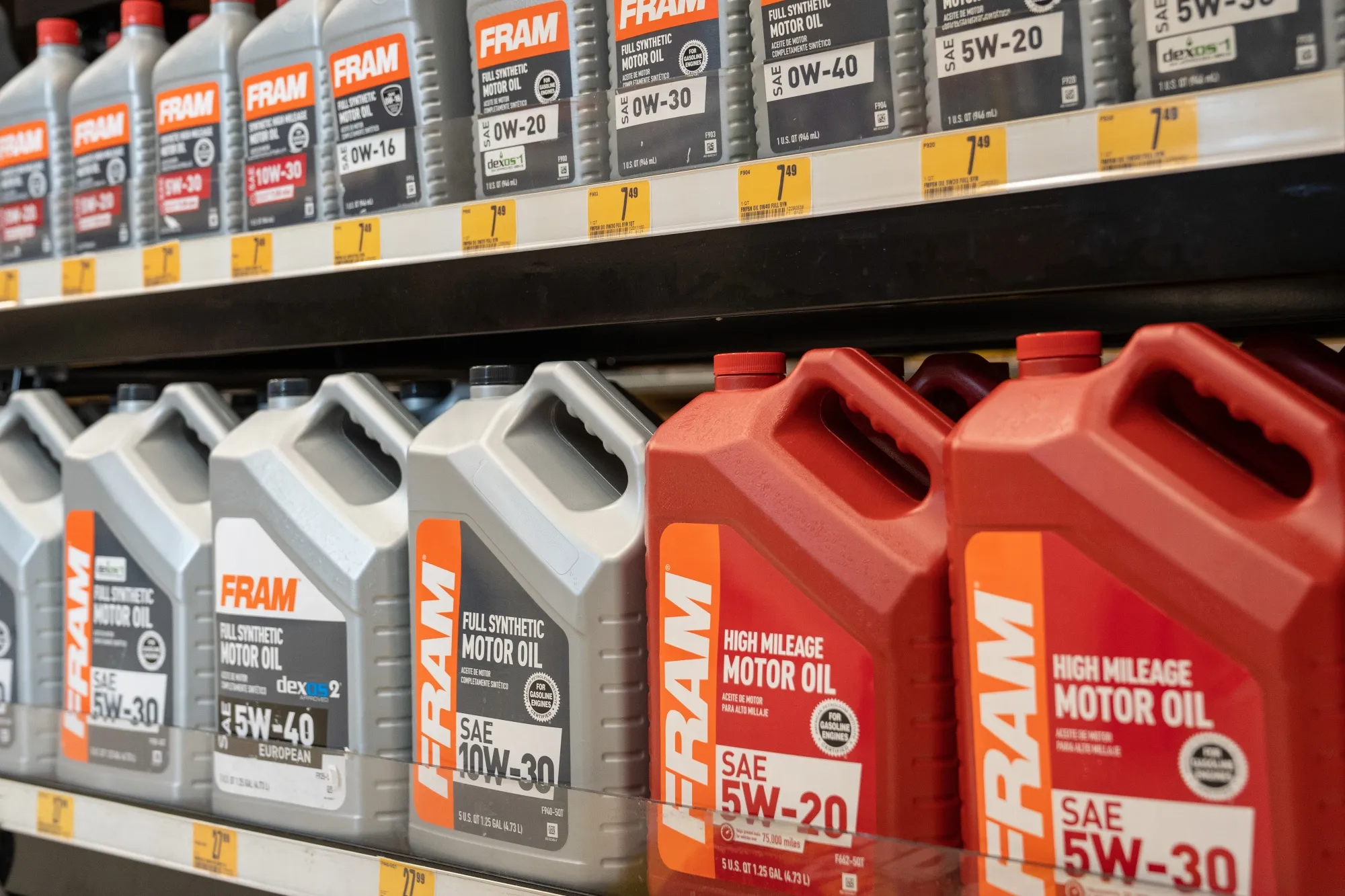Bottles of Fram motor oil at an auto parts store in Oklahoma City, Oklahoma.