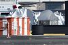 Workers in protective gear hold up a sheet as a passenger is transferred into a waiting ambulance at the Japan Coast Guard base in Yokohama on February 5, 2020, 