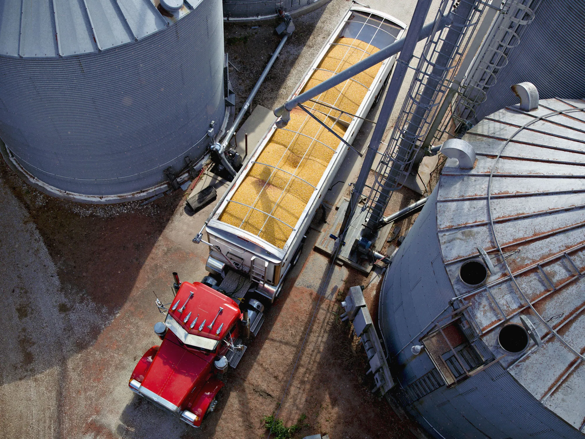 A truck hauls a load of corn between grain bins on a farm during harvest in Walnut, Illinois.