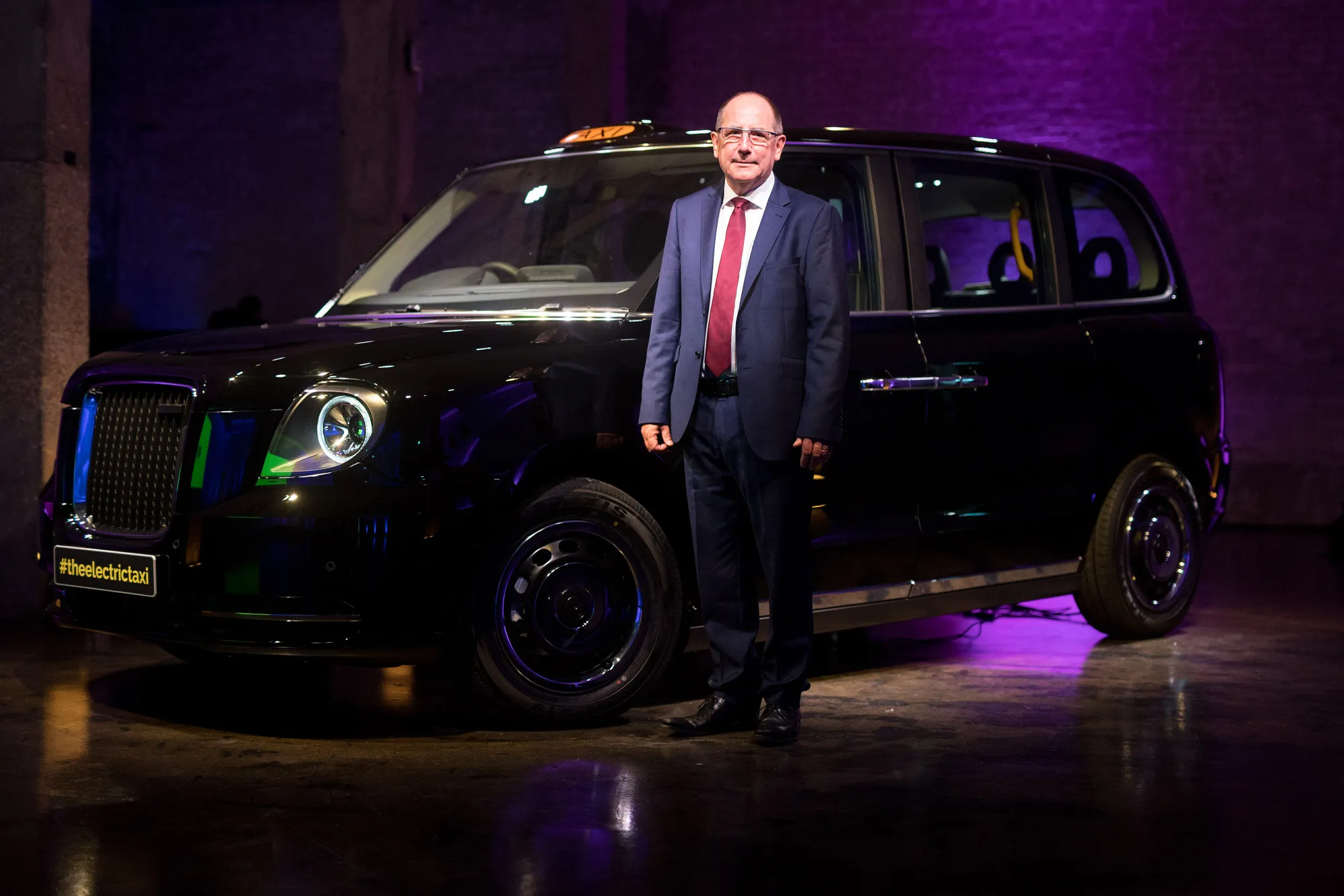 London EV Co., CEO Chris Gubbey and the new TX electric black taxi.
