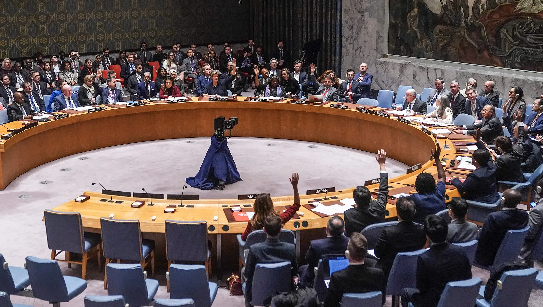 The UN Security Council votes on a US resolution, on the fighting between Israel and Hamas, in New York, on Wednesday.