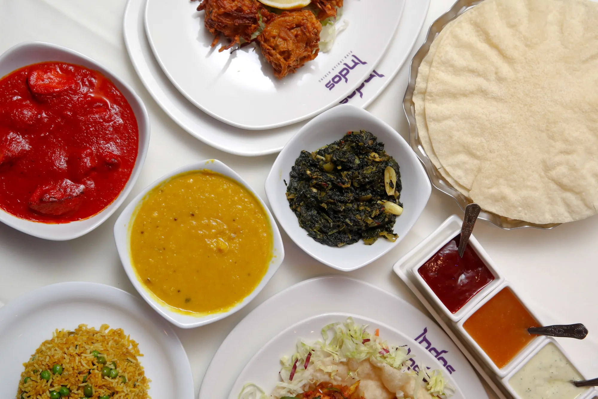 Rice, curries and Indian food at the Indo Indian restaurant in Chobham, U.K.