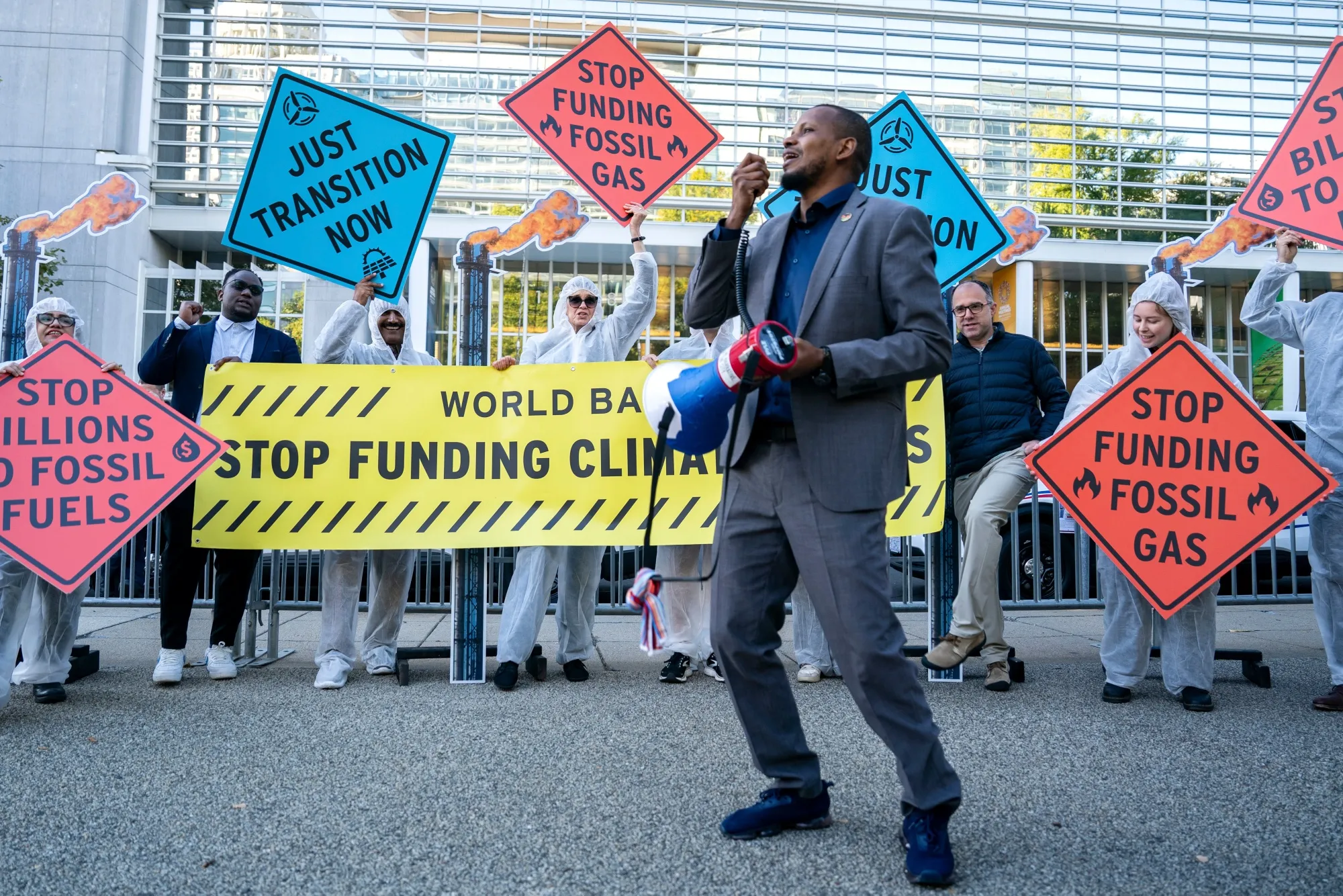 Climate demonstrators protest against investments in fossil fuels during the annual meetings of the IMF and World Bank in Washington, DC.