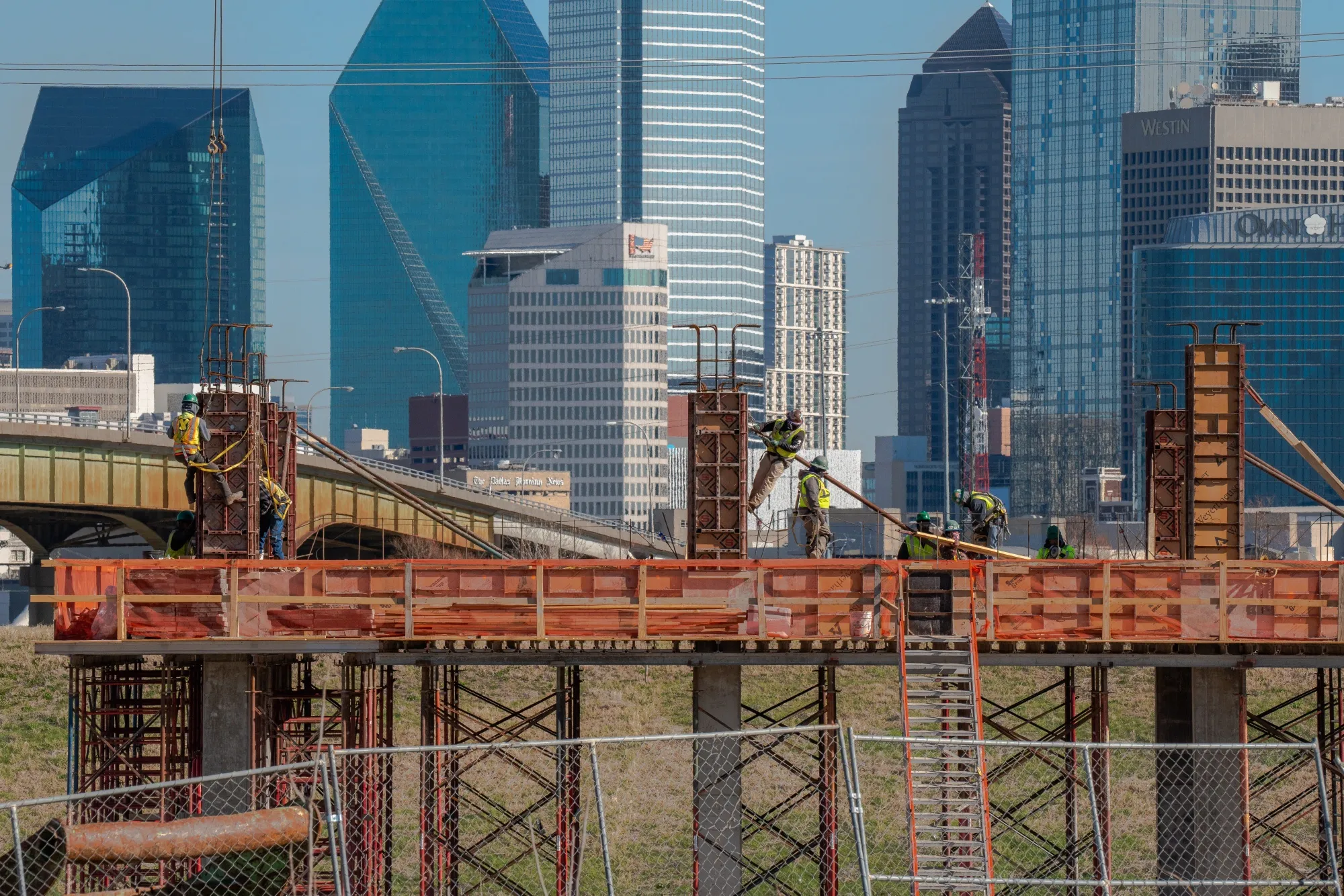 Workers at the Riverfront Development project along the Trinity River in Dallas, Texas.