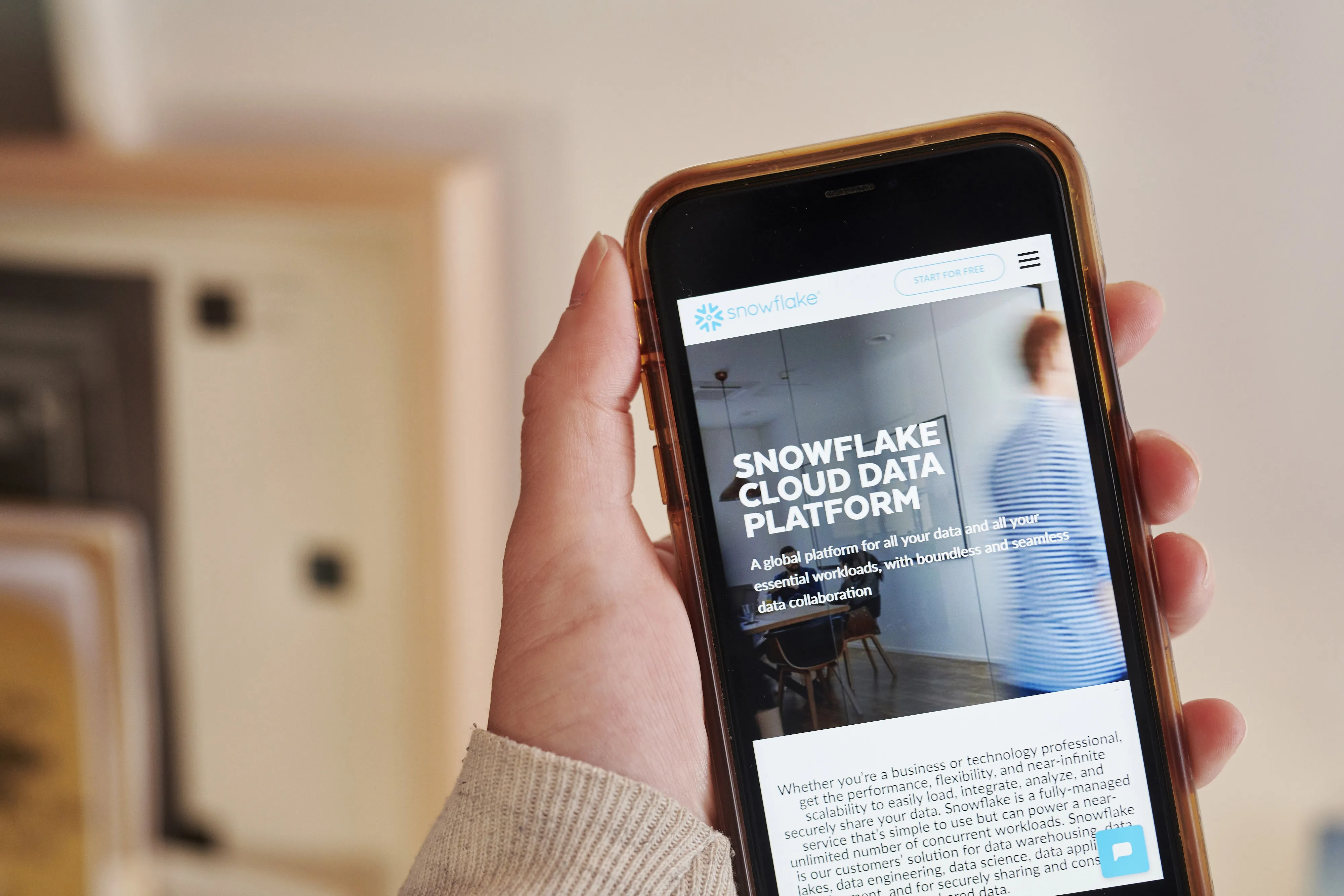 The Snowflake Inc. website on a smartphone.