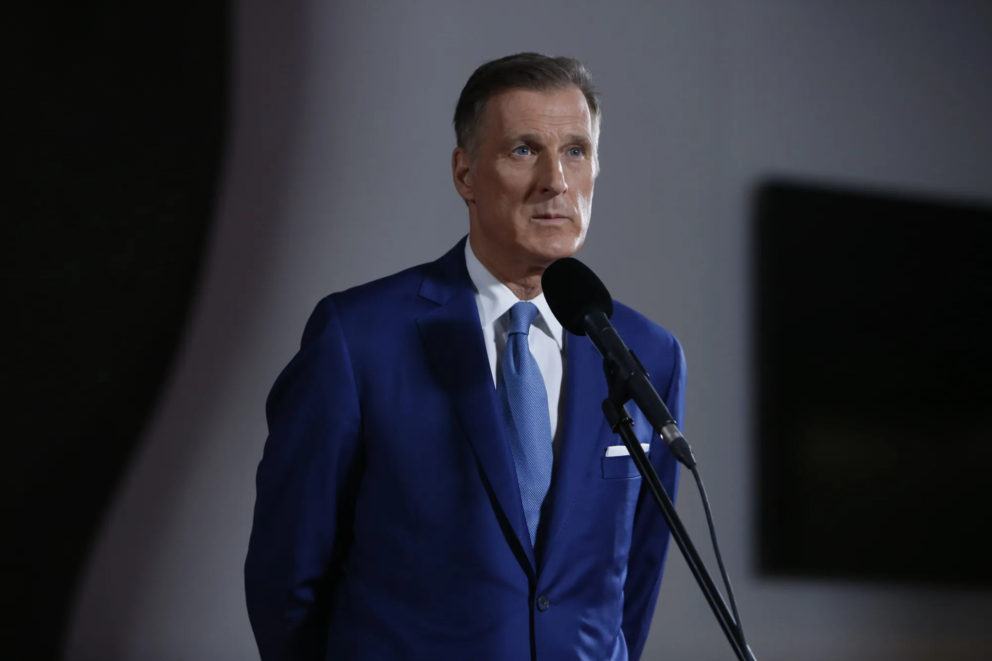 Maxime Bernier speaks to reporters after the 2019 election debate in Gatineau, Quebec.