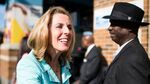 Senate candidate Katie McGinty campaigns at a subway stop in West Philadelphia on April 19, 2016.
