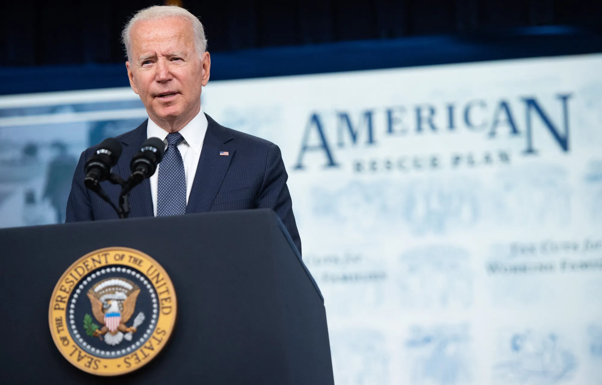 U.S. President Joe Biden speaks about the&nbsp;American Rescue Plan during an event&nbsp;in Washington, D.C., on July 15. Some states have yet to spend any of the aid they received.&nbsp;