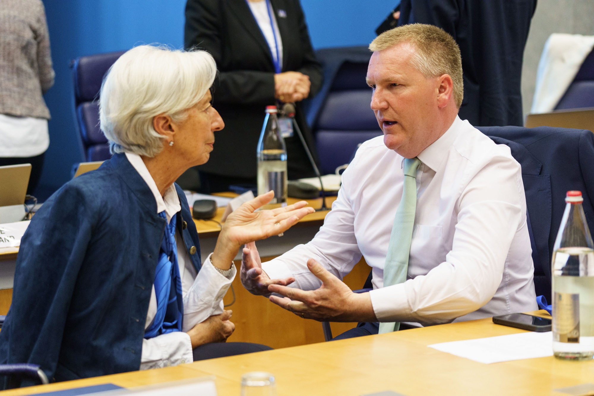 Christine Lagarde, president of the European Central Bank (ECB), left, and Michael McGrath, Ireland's finance minster, at the Eurogroup meeting in Luxembourg, on Thursday, June 20, 2024. The Eurogroup will hold a fifth exchange of views on euro area competitiveness, focusing on the role of industrial policy, according to their website. Photographer: Simon Wohlfahrt/Bloomberg