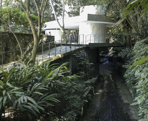 The rear garden at the Instituto Moreira Salles, with a view of the pool house.