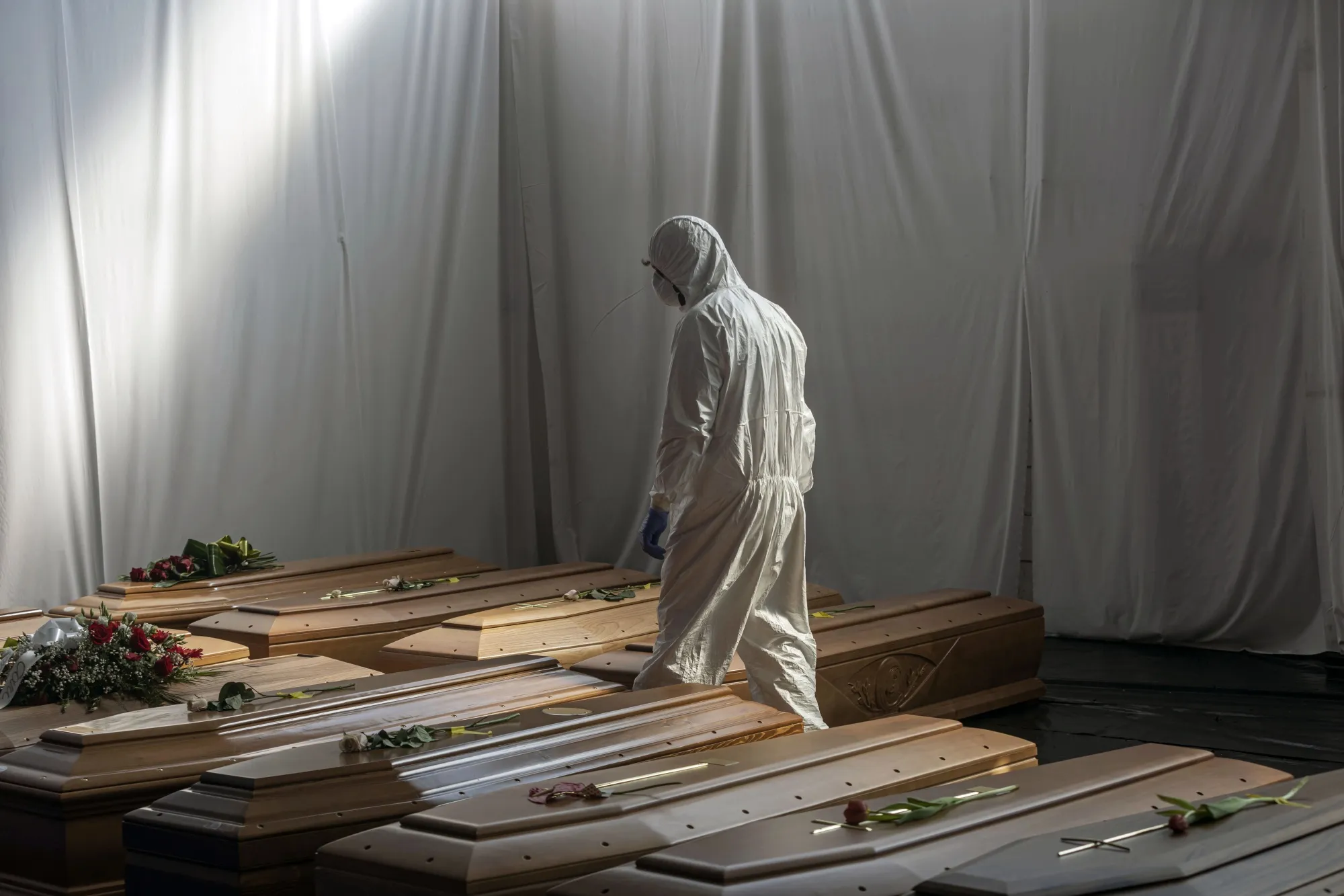 Coffins lined up for transport in Bergamo, Italy.