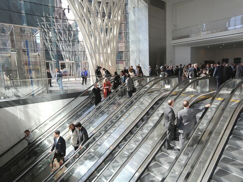 Guests at the opening ceremony for the World Trade Center West Concourse pedestrian transit connection on Oct. 24, 2013, in New York.