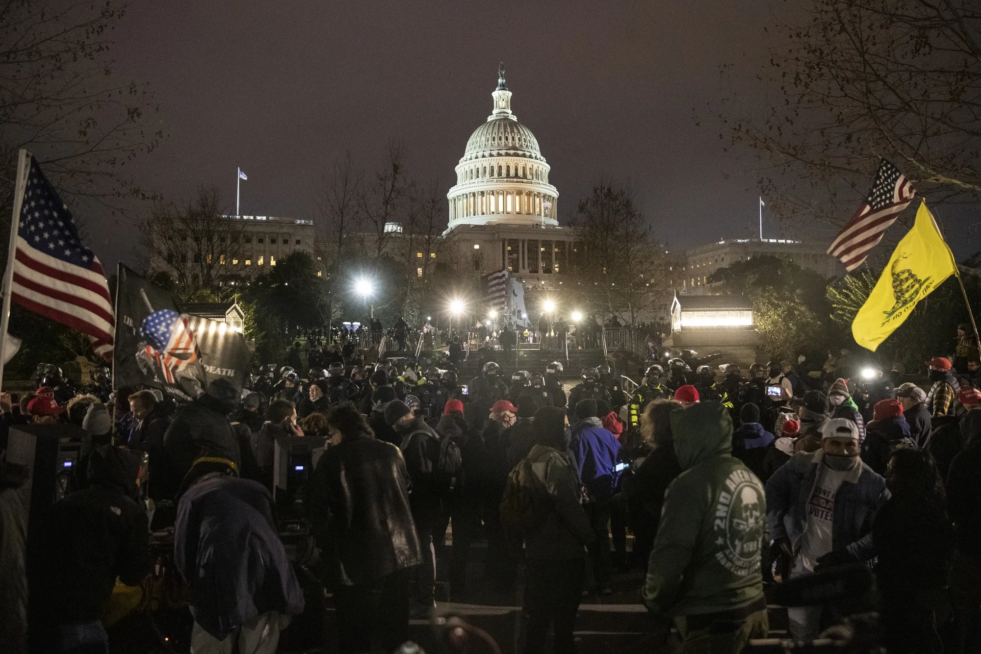 Law enforcement officers guard the US&nbsp;Capitol after demonstrators stormed the building in Washington, DC, on&nbsp;Jan. 6, 2021.