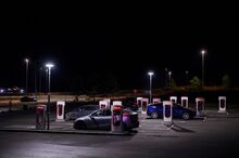 Tesla charging stations in a charging hub in Nebbenes near Minnesund.