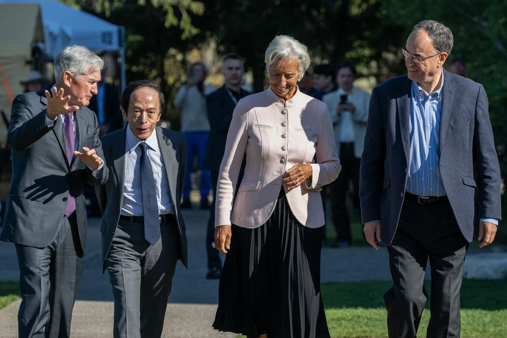 Kazuo Ueda, second left, walks with Fed Chair Jerome Powell, from left, ECB President Christine Lagarde, and Bank of England Governor Andrew Bailey outside the Fed’s Jackson Hole Economic Policy Symposium on Aug. 22.