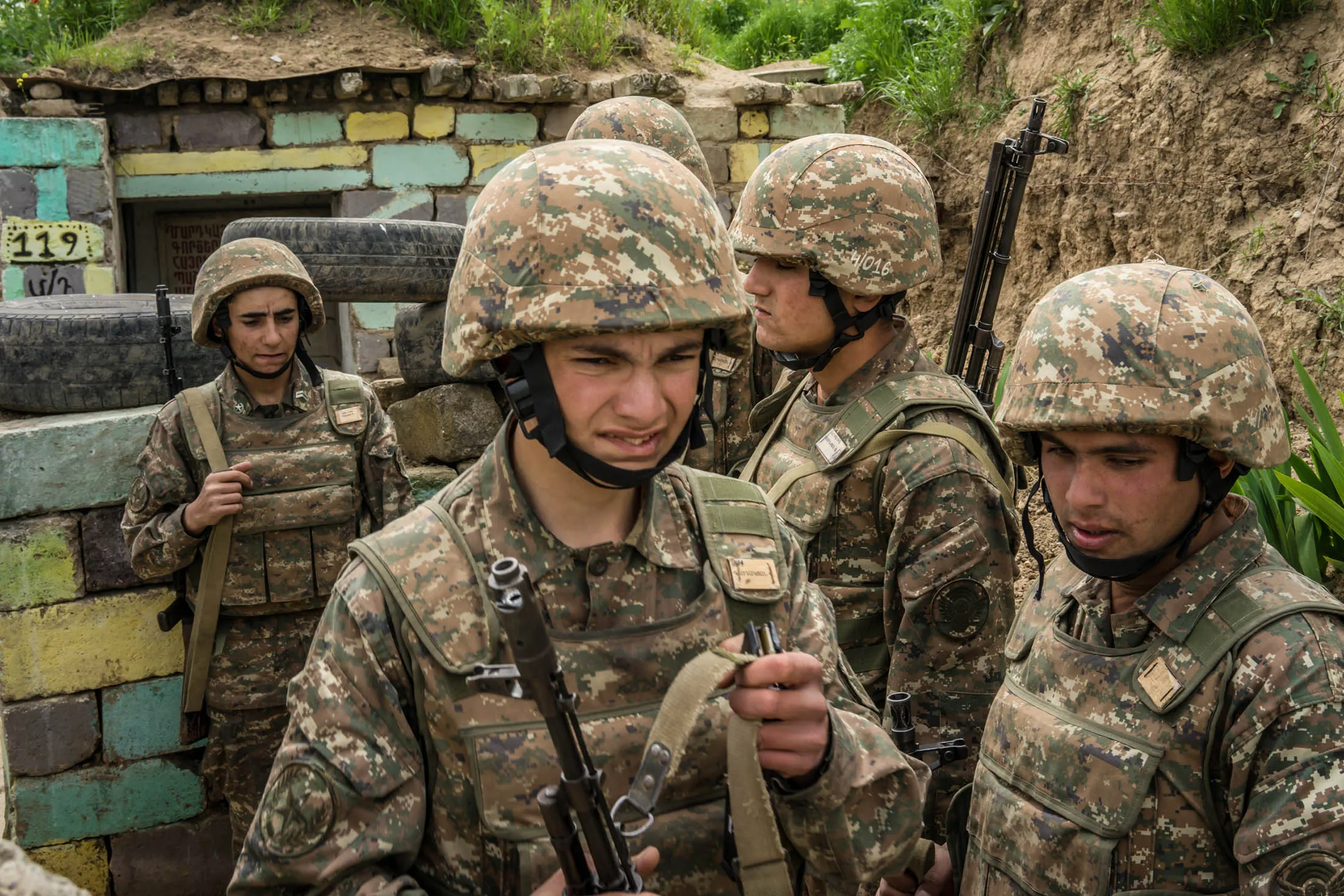 Members of the armed forces of Nagorno-Karabakh at their post along the line of contact with Azerbaijani forces in the eastern direction.
