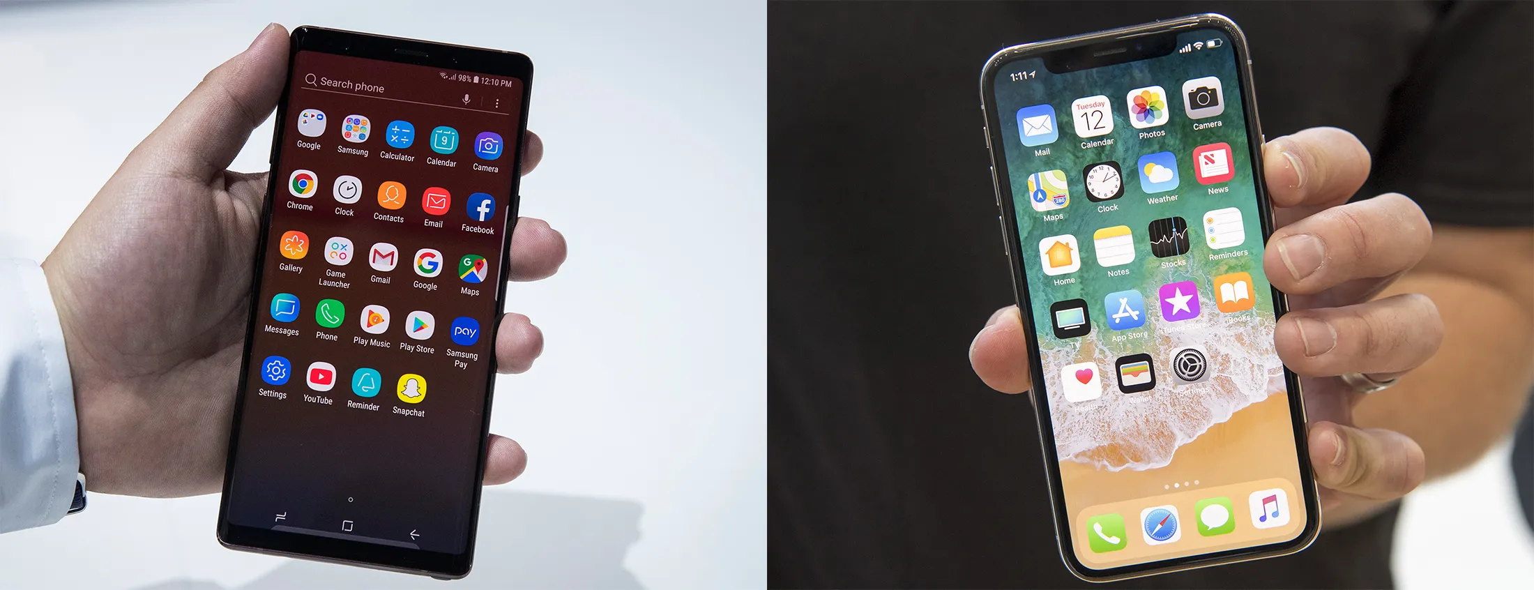 The Samsung Galaxy Note 9, left, and the Apple iPhone X.