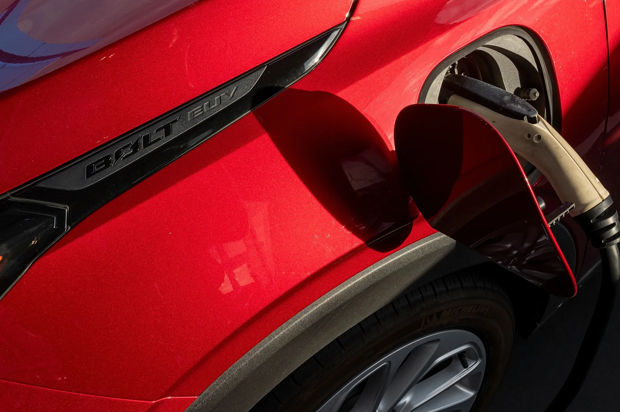 A Chevrolet Bolt electric vehicle (EV) at a dealership in Colma, California.